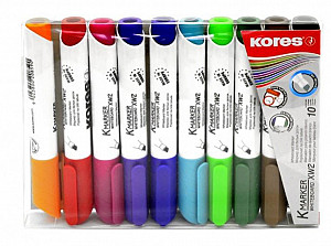 Kores Permanentní popisovač K-MARKER na bílé tabule, zkosený hrot 3-5 mm, mix 10 barev (černá, červená, zelená, modrá, růžová, tyrkysová, oranžová, hnědá, fialová, světle zelená)