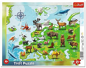 Puzzle Mapa Evropy se zvířátky, 25 dílků