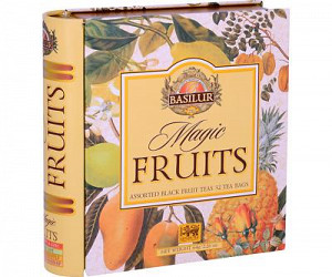 BASILUR Book Magic Fruit dárková sada 32 černých čajů s kousky ovoce v plechovce