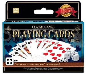 Klasické hry 2 balíčky hracích karet a 5 kostek