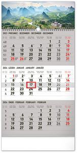 Kalendář 2024 nástěnný: 3měsíční Krajina šedý - s českými jmény, 29,5 × 43 cm