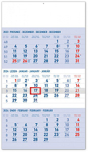 Kalendář 2024 nástěnný: 3měsíční standard modrý - s českými jmény, 29,5 × 43 cm