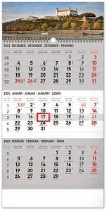 3-mesačný Nástenný kalendár 2024 - Bratislava šedý so slovenskými menami
