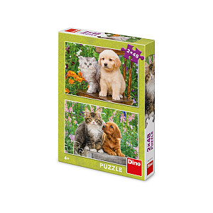 Puzzle 2x48 Pejsek a kočička na zahradě