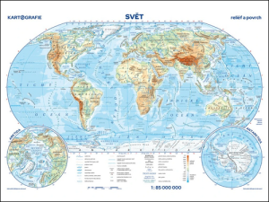 Svět - reliéf a povrch / státy a území - příruční mapa 1:85 000 000