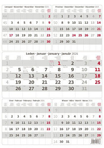 Pětiměsíční kalendář 2026 šedý - nástěnný kalendář