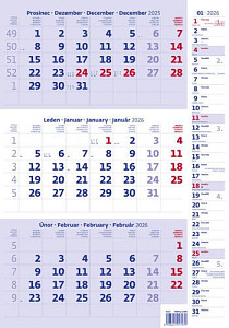 Tříměsíční kalendář modrý s poznámkami 2026 - nástěnný kalendář