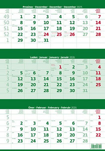 Tříměsíční kalendář zelený 2026 - nástěnný kalendář