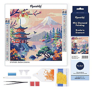 Mini diamantové malování - Pagoda Pod Horou Fuji bez rámu 25x25cm