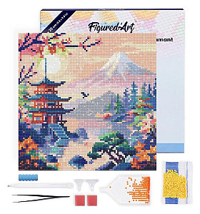 Mini diamantové malování - Pagoda Pod Horou Fuji na rámu 25x25cm