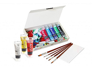PRIMO Akrylové barvy , sada, 8 x 75ml, plátno, 5 štětců LUX