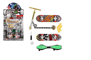 Sada skateboard šroubovací, koloběžka prstová, waveboard plast s doplňky - mix druhů na kartě