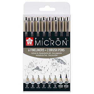 Sakura sada Pigma Micron Fineliners  - 6 šedých technických popisovačů, 2 pěnové štětce