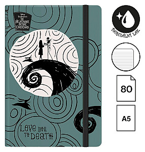 Zápisník s gumičkou Tim Burton 3, A5, 80 g, 80 listů, linkovaný, šedo-modrý