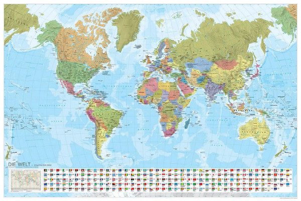 Mapa světa - státy světa s vlajkami 1/35 mil. / arch (popisky v němčině)