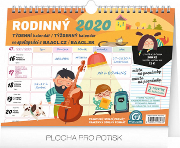 Kalendář nástěnný 2020 - Týdenní rodinný plánovací s háčkem, 30 × 21 cm