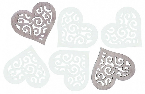 Dřevěná srdce 6cm - hnědobílý mix 6ks