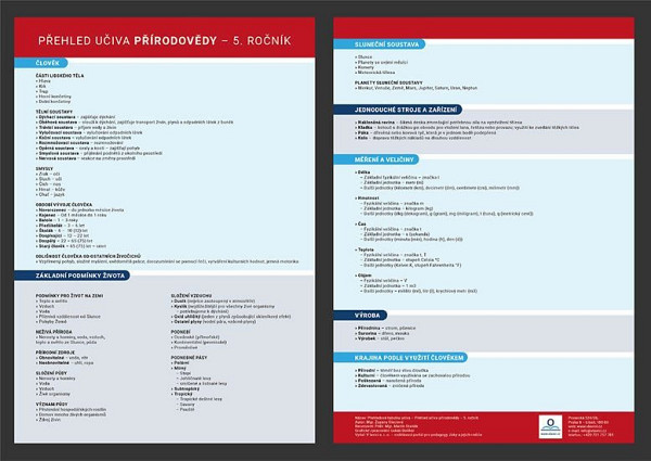 Přehledová tabulka učiva – přírodověda pro 5. ročník