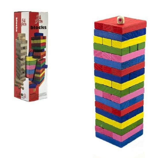 Hra Jenga věž dřevo 54 ks barevných dílků hlavolam v krabičce 8x29cm