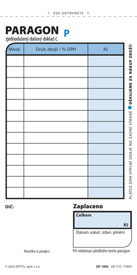 Paragon obchodní, 7,5 × 15 cm, 2 × 50 listů, číslovaný