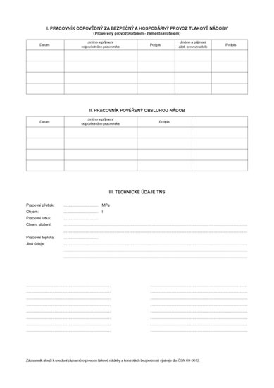 Záznamník o provozu tlakové nádoby, A4, 16 listů