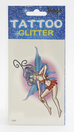 Tetování Víla s červeným topem, modrá křídla