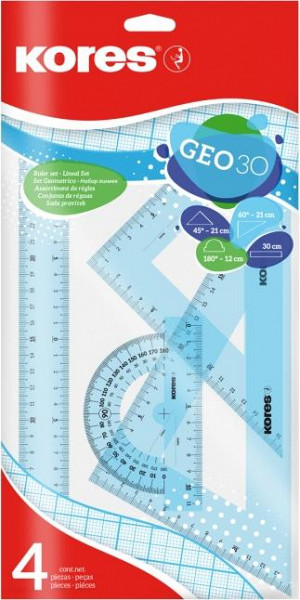 Sada na geometrii  GEO set 30cm, set plastových pravítek, 4 ks v polybagu