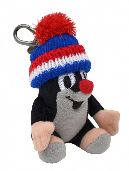 Krtek 9cm sedící s kulichem v modré trikoloře s karabinkou