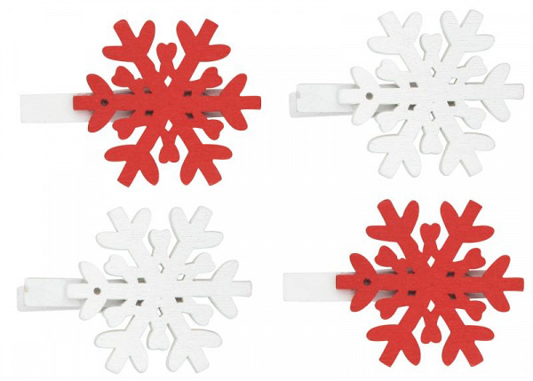 Vločka dřevěná na kolíčku 4,5 cm - červená a bílá 4 ks