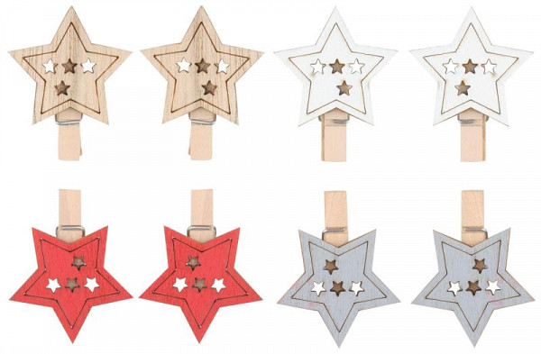 Hvězda dřevěná na kolíčku 4,5 cm (8 ks)