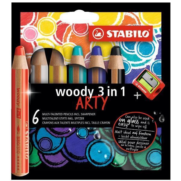Pastelky STABILO woody 3in1, sada 6 ks v pouzdru s ořezávátkem 