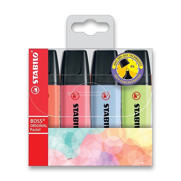Zvýrazňovač STABILO BOSS ORIGINAL Pastelový, sada 4 ks v pouzdru