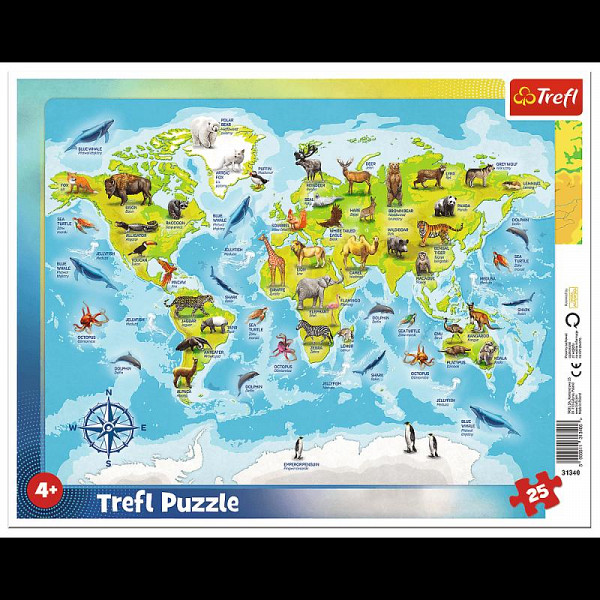 Puzzle Mapa světa se zvířátky, 25 dílků