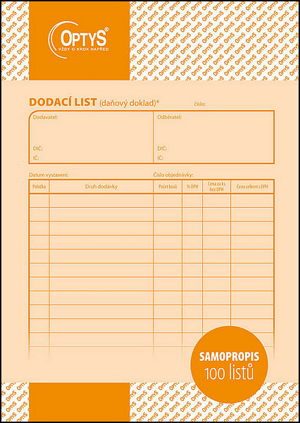 Dodací list, A5, 100 listů, perforace v horní části tiskopisu,NCR