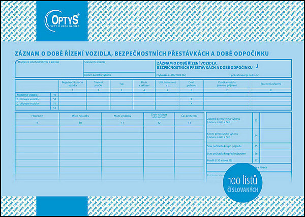 Záznam o době řízení vozidla a bezpečnostních přestávkách, A4, 100 listů, číslovaný