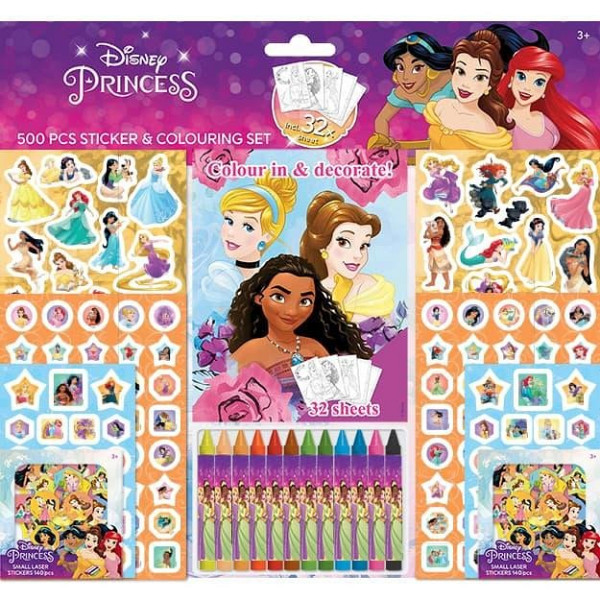 Samolepkový set s omalovánkami a voskovkami Disney Princezny
