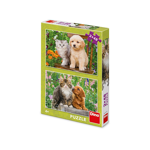 Puzzle 2x48 Pejsek a kočička na zahradě