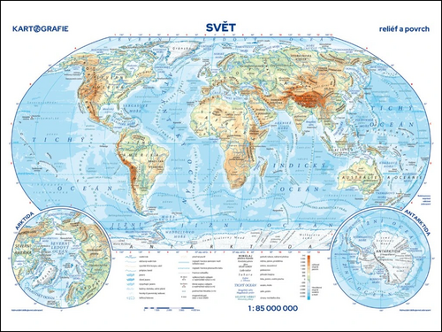 Svět - reliéf a povrch / státy a území - příruční mapa 1:85 000 000