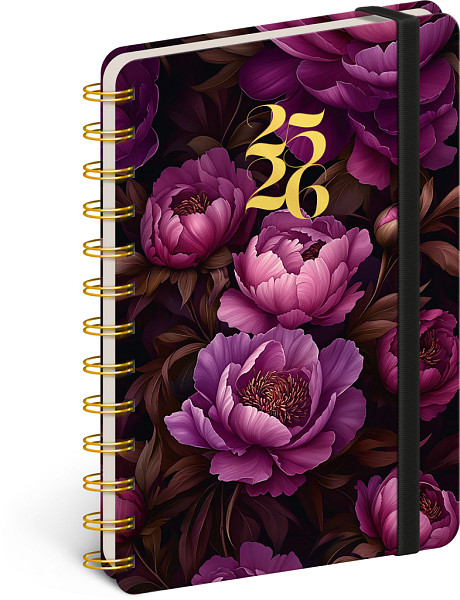 Diář 18měsíční spirálový 2025/2026 Petito - Fialové květy, 13 x 18 cm
