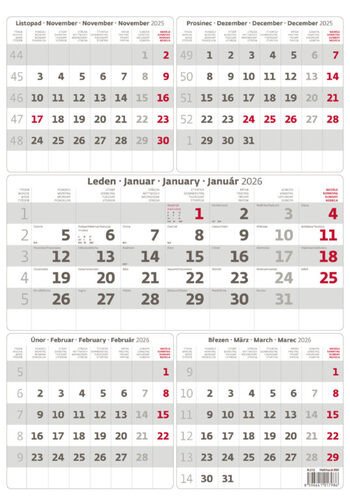 Pětiměsíční kalendář 2026 šedý - nástěnný kalendář