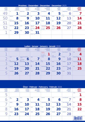 Tříměsíční kalendář modrý 2026 - nástěnný kalendář