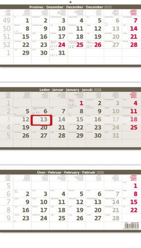 Tříměsíční kalendář skládaný šedý 2026 - nástěnný kalendář