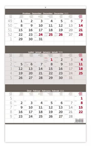 Tříměsíční kalendář šedý 2026 - nástěnný kalendář