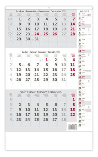 Tříměsíční kalendář šedý s poznámkami 2026 - nástěnný kalendář
