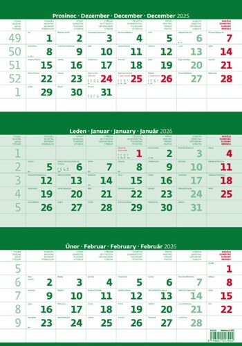 Tříměsíční kalendář zelený 2026 - nástěnný kalendář