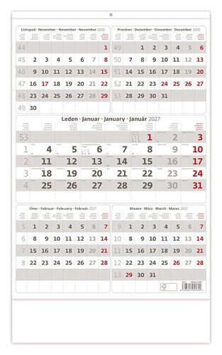 Pětiměsíční kalendář šedý 2027 - nástěnný kalendář