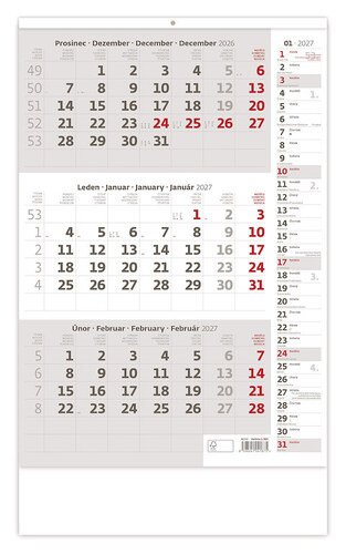 Tříměsíční kalendář šedý s poznámkami 2027 - nástěnný kalendář