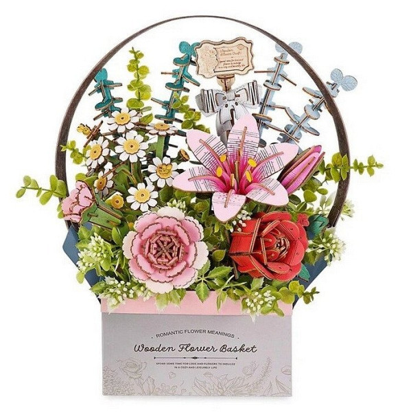 3D Dřevěná skládačka: Košík s květinami
