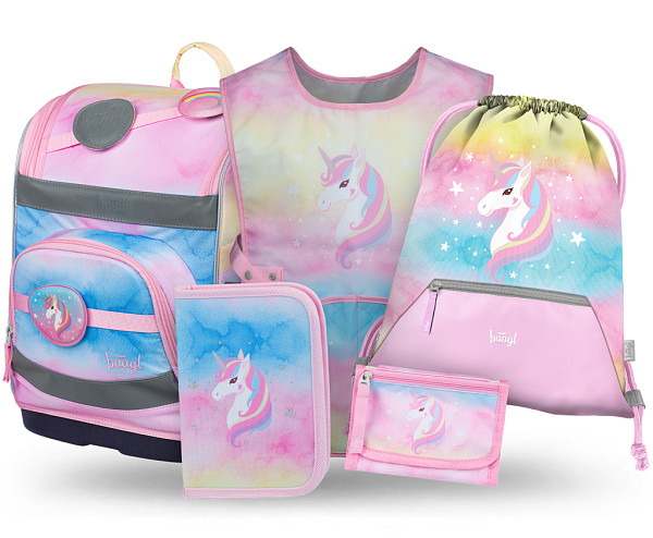 BAAGL SET 5 Zippy Plus Rainbow Unicorn: aktovka, penál, sáček, zástěra, peněženka