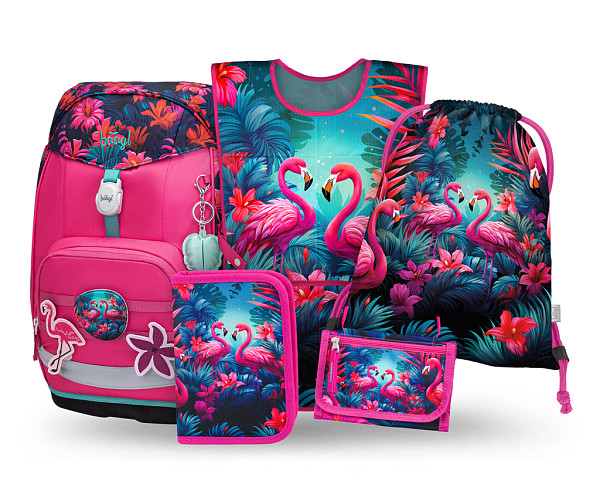 BAAGL SET 5 Airy Plus Plameňáci: batoh, penál, sáček, zástěra, peněženka